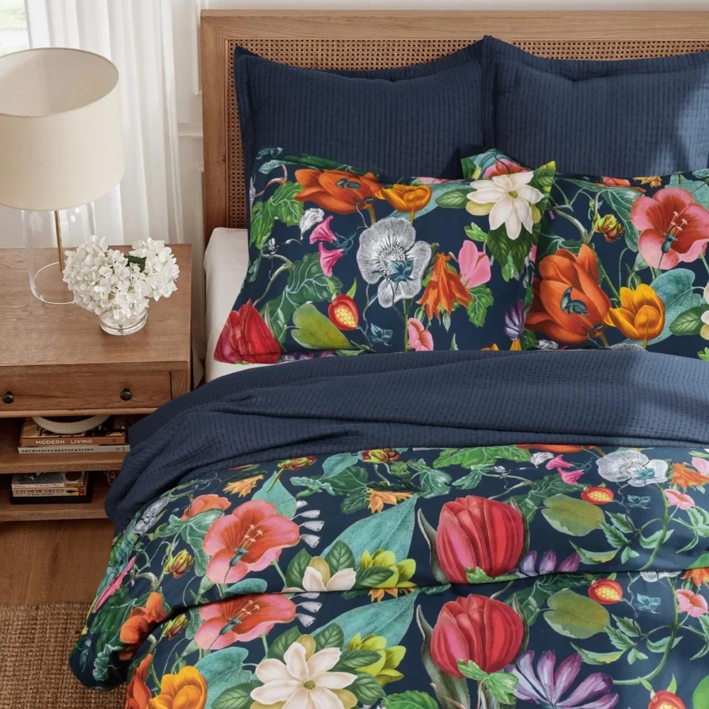 🆕 PB Style Floral Print King Duvet Sateen Cotton 3 Piece Set Navy Blue Pink NWT